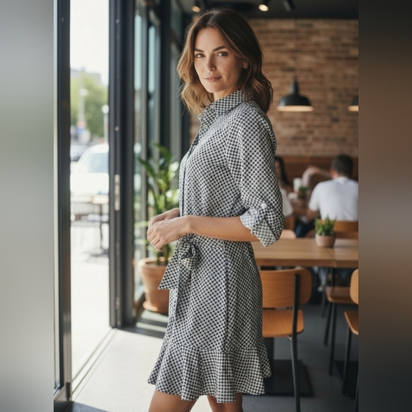 Chaps Dresses & Skirts - CHAPS Women's Geometric Shirt Dress Tie Waist Ruffle Hem Cotton Black White M